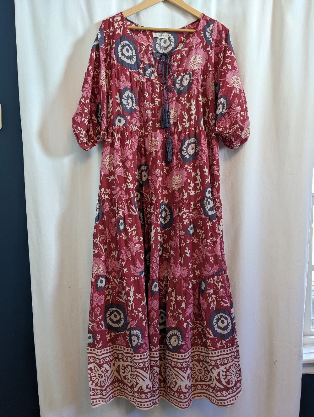 Natural Life Red Floral Maxi Dress Tie Neck Puff Sleeve Size M